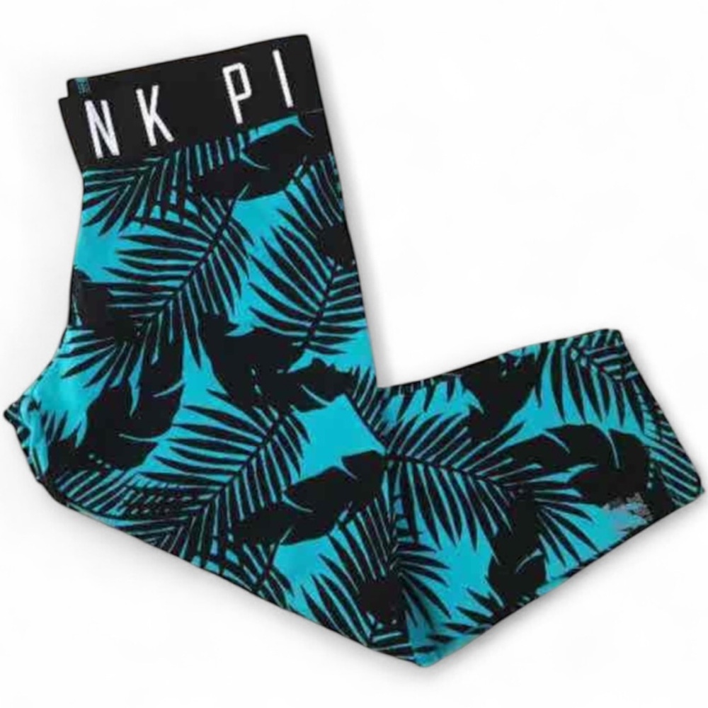 PINK Victoria's Secret Black and Blue Leaf Print Leggings